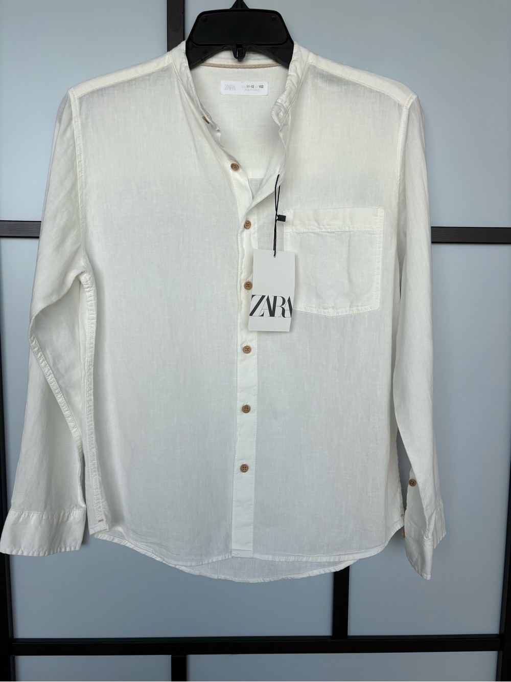 Zara Kids White Linen Blend Button Up Shirt Mandarin Collar NWT 11-12